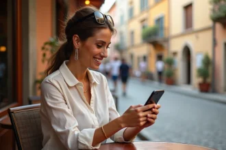 Femme consultant son compte Crédit Agricole Vendée sur smartphone depuis une terrasse de café à l'étranger