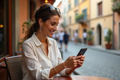 Femme consultant son compte Crédit Agricole Vendée sur smartphone depuis une terrasse de café à l'étranger