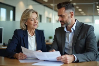 Conseillère en assurance et cliente examinant un contrat ACM IARD dans un bureau professionnel