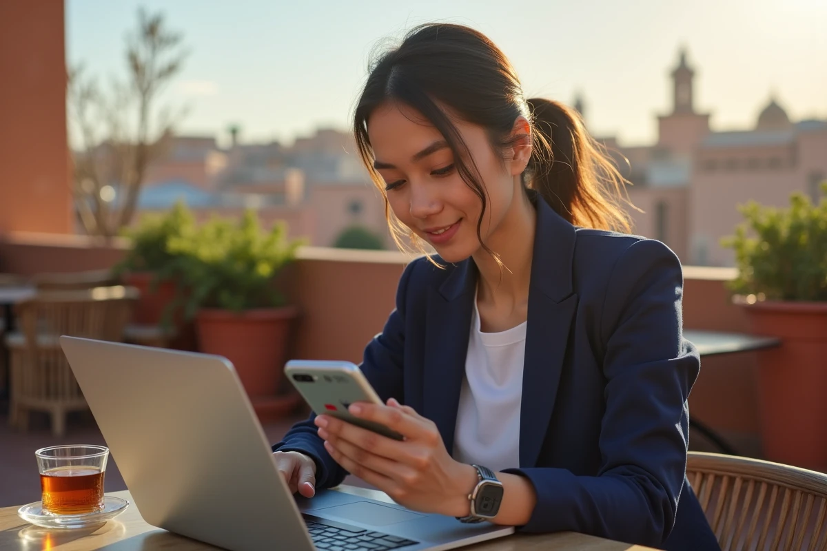 Jeune femme marocaine consultant le taux de change dirham-euro sur une application mobile dans un café de Marrakech