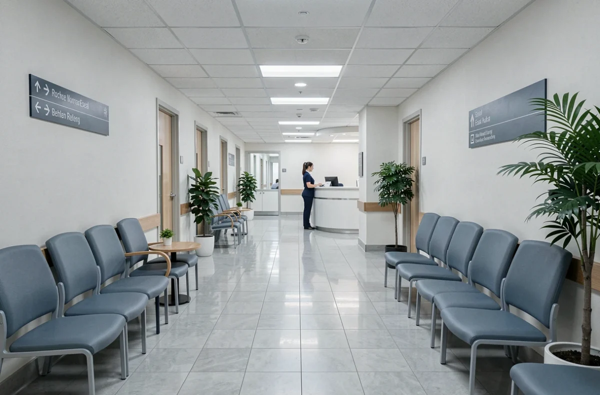 Couloir intérieur d'un établissement de santé moderne illustrant les actifs immobiliers détenus par la SCPI Primovie