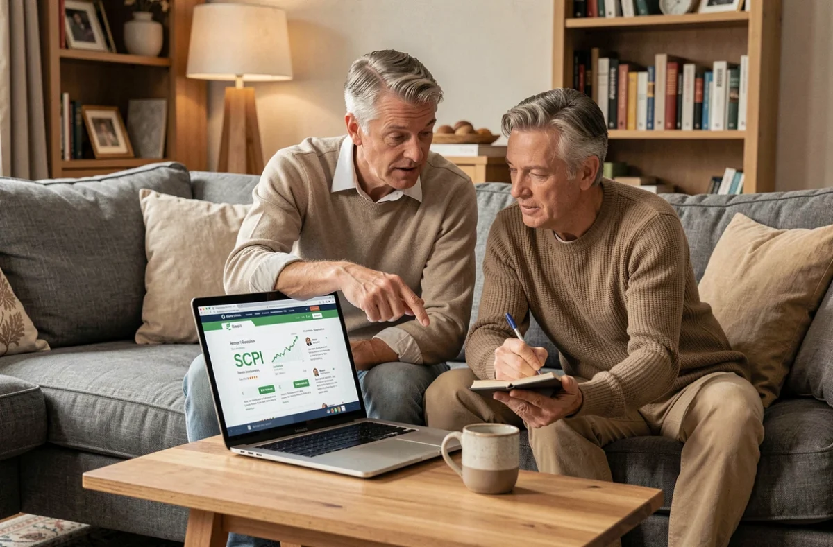 Couple consultant des avis sur une SCPI Linxea sur un ordinateur portable dans leur salon, prenant des notes pour leur investissement immobilier