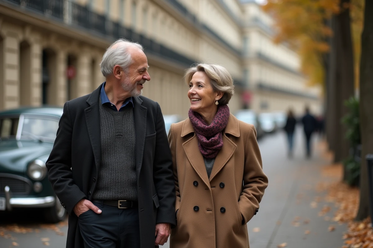 Couple élégant de personnes âgées se promenant dans une rue parisienne haussmannienne en automne, illustrant une vie aisée et complice en lien avec la fortune et l'influence mutuelle dans un couple célèbre