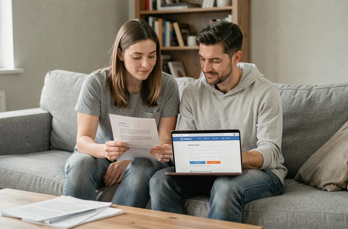 Couple consultant un email de contact Cetelem ensemble sur canapé avec documents imprimés