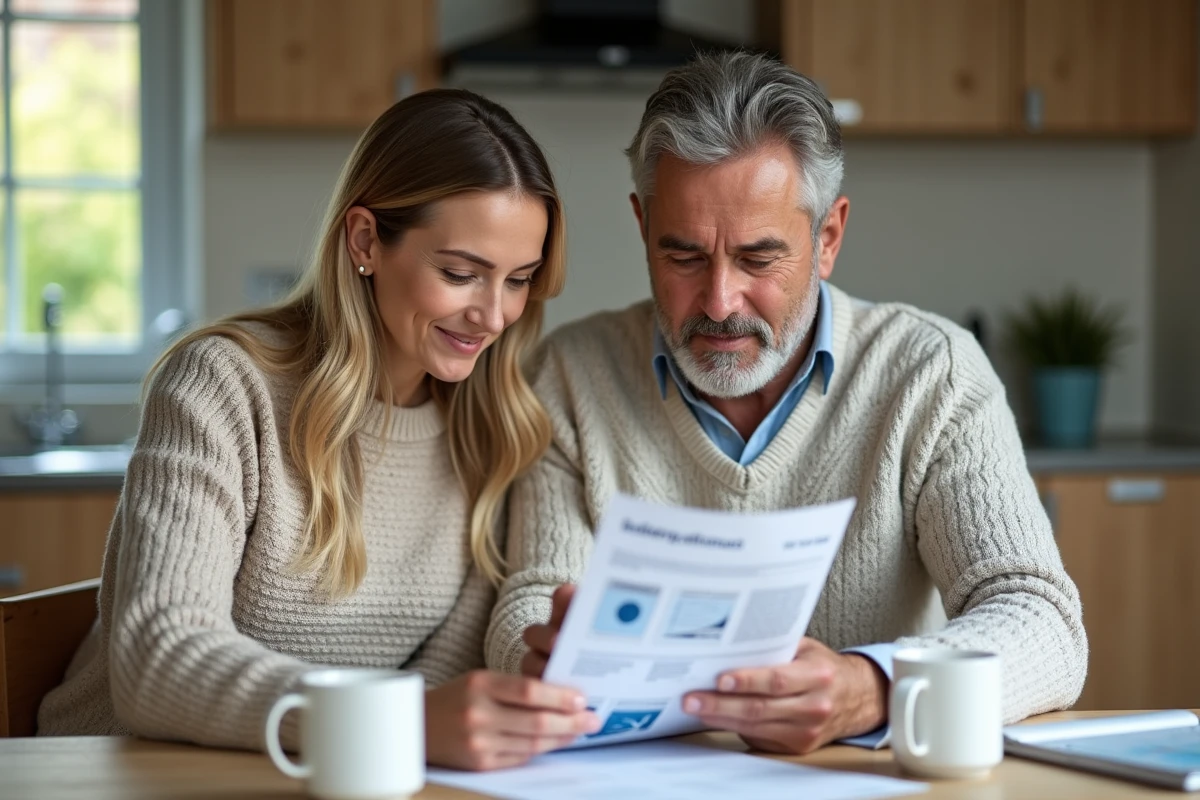Un couple consulte ensemble leur plan d'épargne salariale sur smartphone et brochure à leur table de cuisine