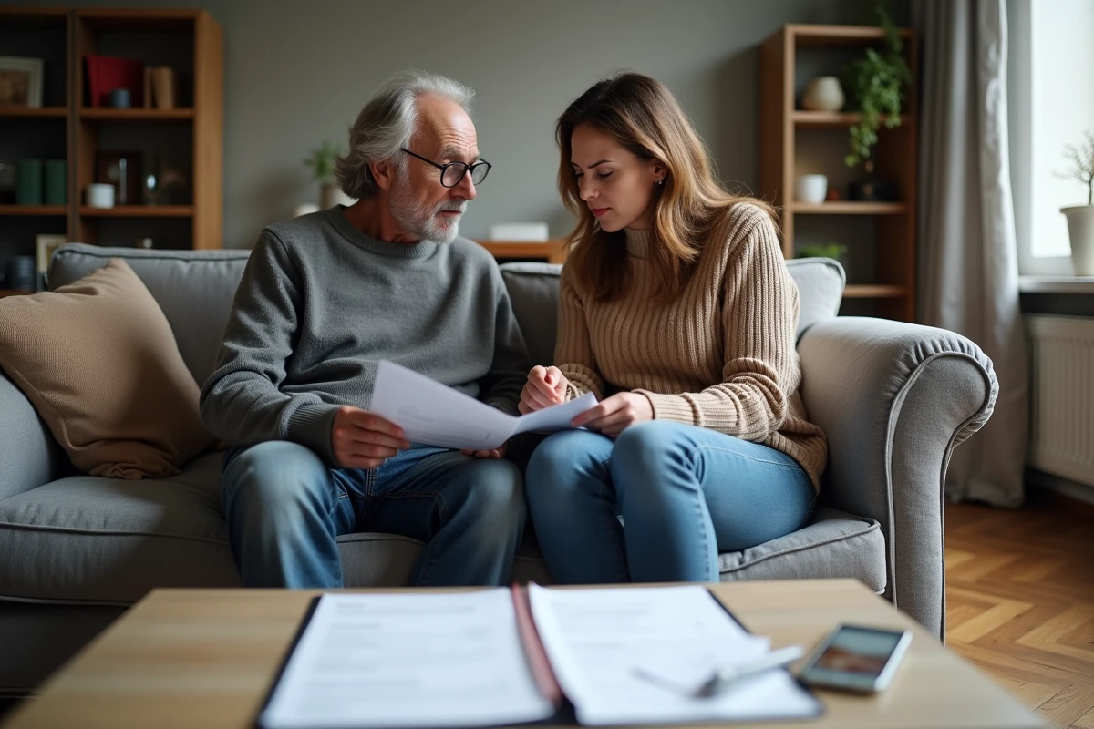 Couple examinant ensemble des factures et un contrat de crédit sur une table basse, évoquant la gestion du surendettement après un prêt trésorerie sans justificatif