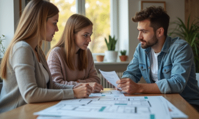 Jeune couple discutant investissement immobilier dans un appartement lumineux