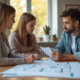 Jeune couple discutant investissement immobilier dans un appartement lumineux