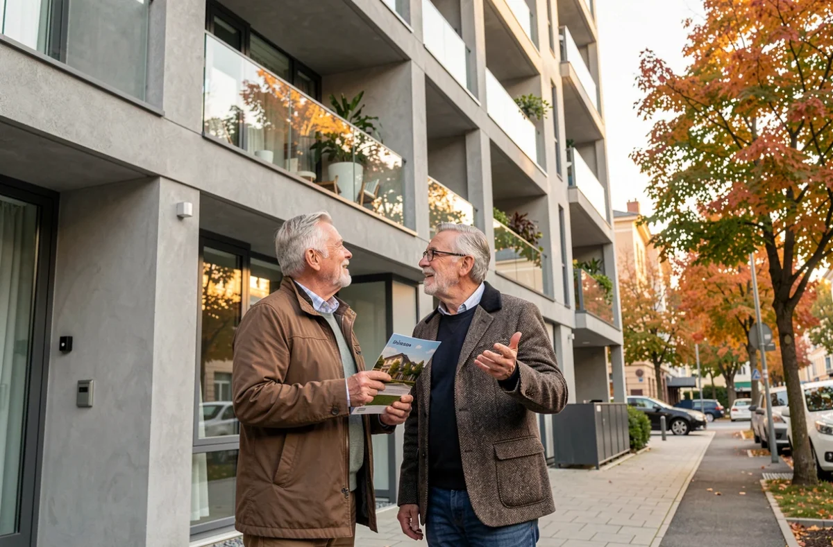 Un couple de 50 ans devant un immeuble résidentiel moderne évalue un investissement immobilier via une SCPI