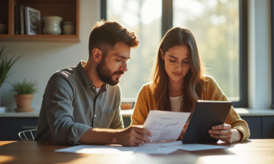 Jeune couple à la cuisine consulte documents et tablette