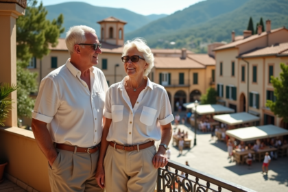 Couple retraité sur balcon en méditerranée