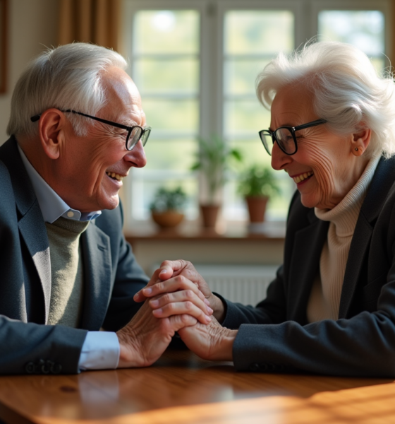 Couple senior souriant lors d'un repas en famille