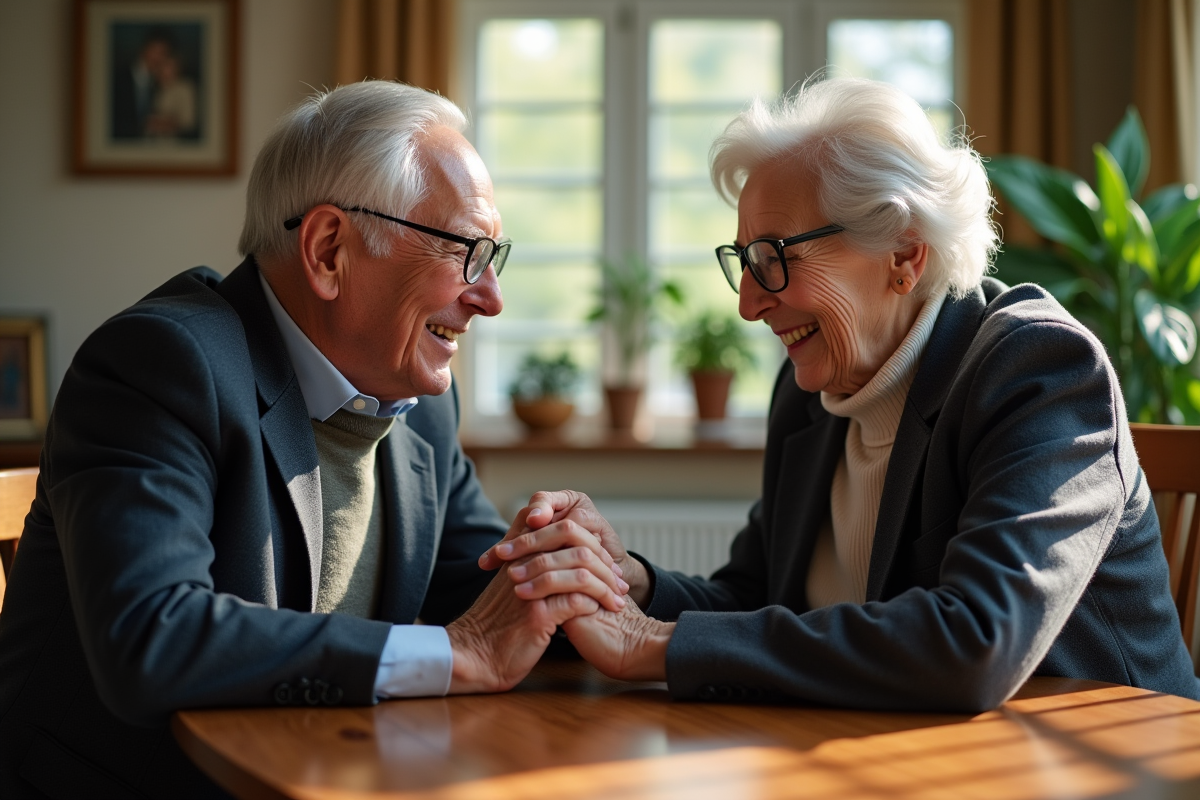 Couple senior souriant lors d'un repas en famille