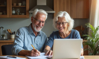 Couple senior souriant planifiant leur retraite à la maison