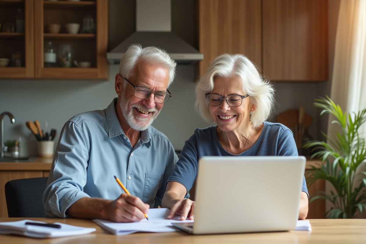 Couple senior souriant planifiant leur retraite à la maison