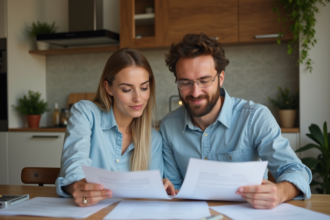 Couple d'adultes travaillant à la maison autour de documents