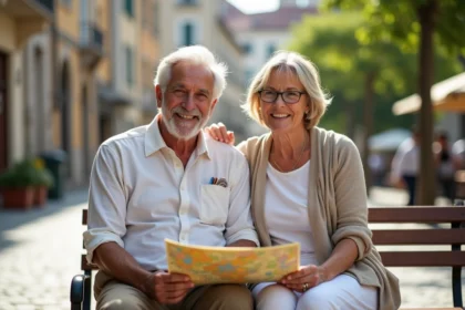 Couple senior souriant avec carte voyage dans un parc