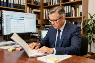 Courtier en assurance commerciale consultant un Commercial Lines Manual dans son bureau professionnel