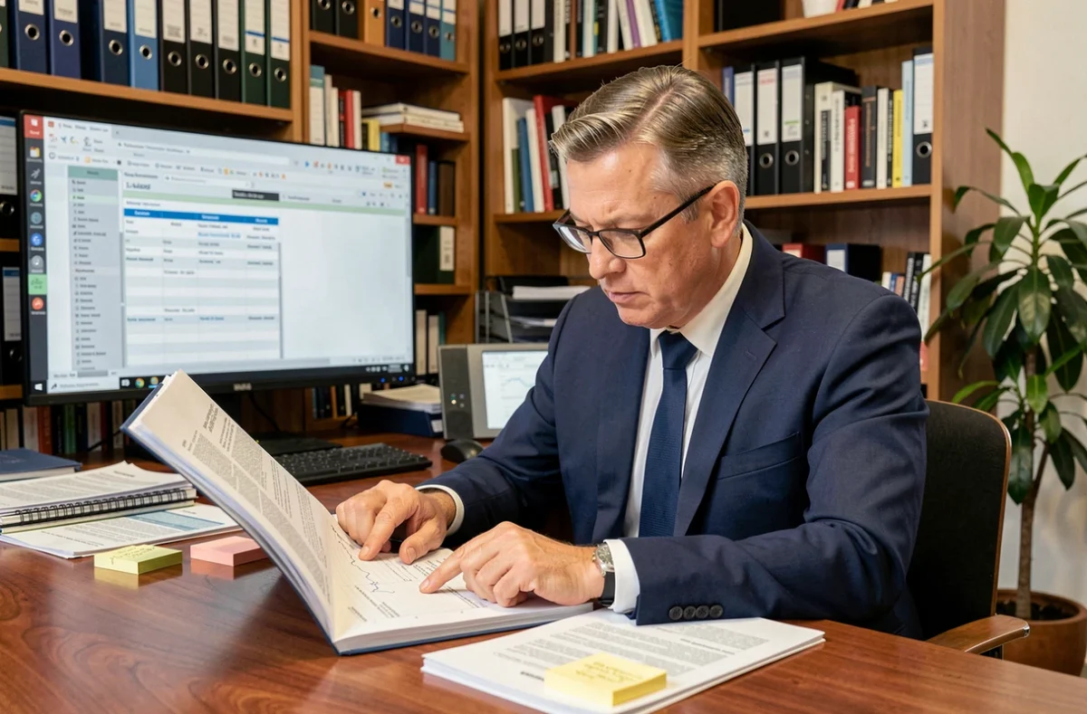 Courtier en assurance commerciale consultant un Commercial Lines Manual dans son bureau professionnel