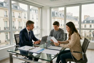 Un conseiller en assurance emprunteur discute avec un couple dans un bureau professionnel du Grand Est