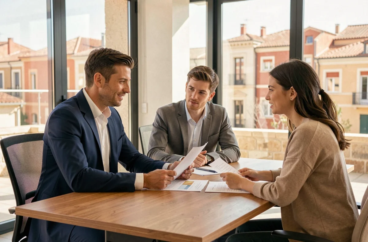 Courtier en crédit immobilier conseillant un couple dans un bureau moderne à Toulouse, Occitanie