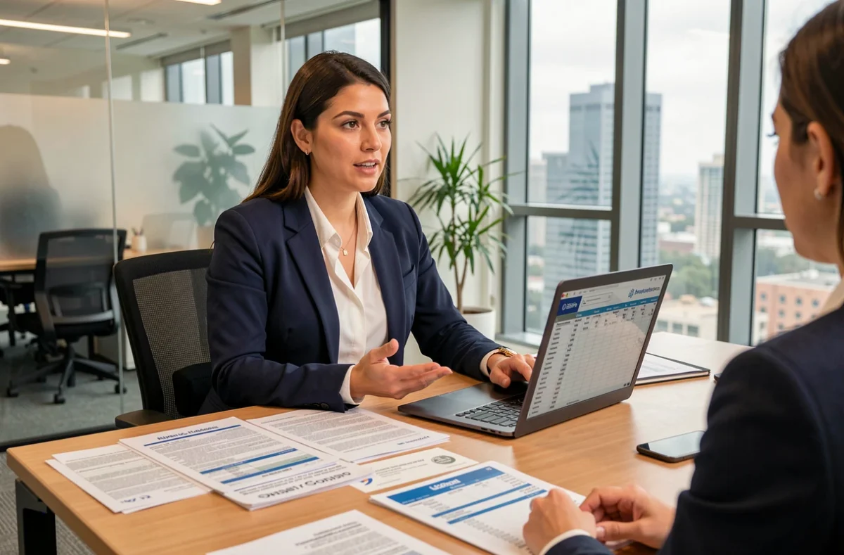 Courtière en assurance présentant un devis d'assurance décennale dans un bureau professionnel