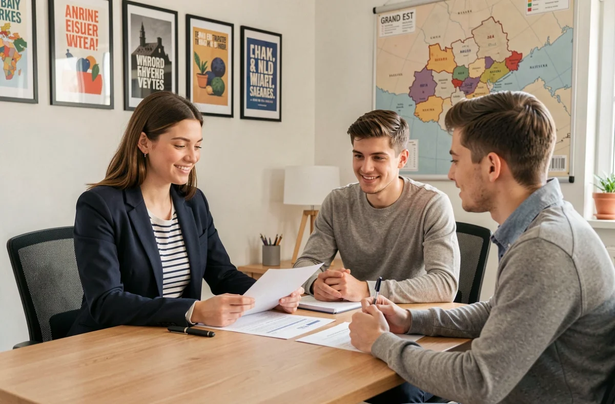Une jeune courtière du Grand Est conseillant de jeunes emprunteurs sur leur prêt immobilier