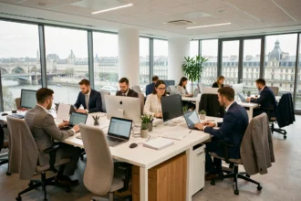 Courtiers en assurance professionnels dans un bureau moderne à Lyon, vue d'ensemble illustrant le secteur du courtage dans le Rhône
