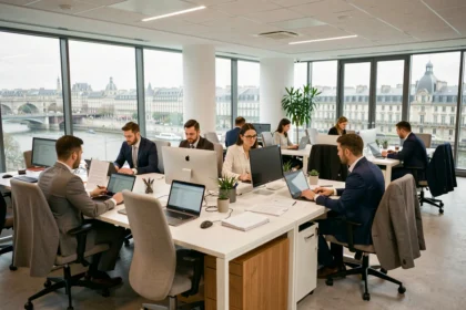 Courtiers en assurance professionnels dans un bureau moderne à Lyon, vue d'ensemble illustrant le secteur du courtage dans le Rhône