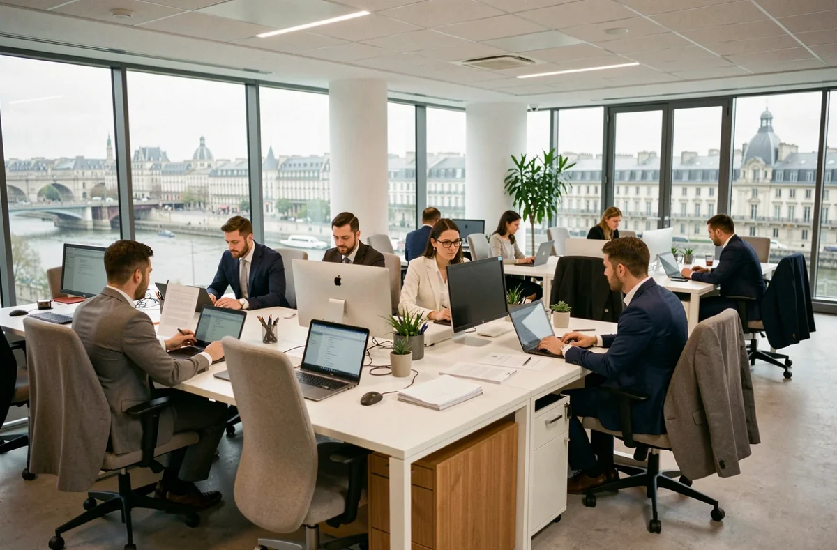 Courtiers en assurance professionnels dans un bureau moderne à Lyon, vue d'ensemble illustrant le secteur du courtage dans le Rhône
