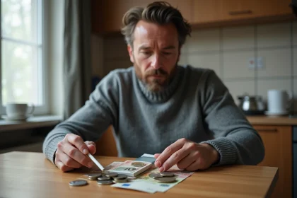 Homme belge réfléchissant au coût des cigarettes avec des pièces et billets en euros posés sur une table en bois