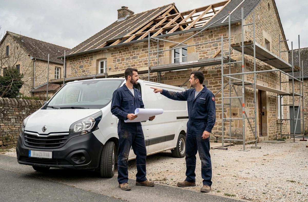 Deux couvreurs discutant d'un chantier de rénovation de toiture devant une maison en pierre, assurés par une garantie décennale
