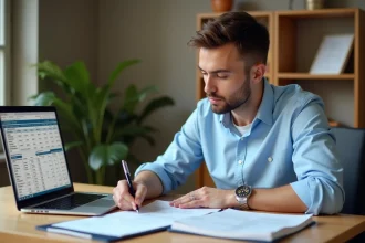 Homme remplissant une déclaration de frais kilométriques sur papier avec un ordinateur portable et des reçus d'essence sur un bureau en bois
