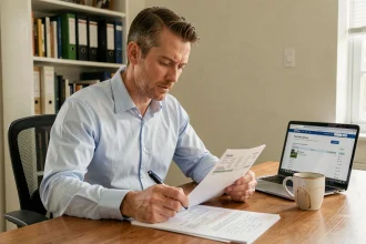 Un homme concentré vérifie ses fiches de paie et déclare ses heures supplémentaires sur sa déclaration fiscale à domicile
