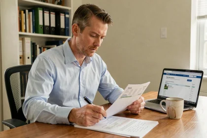 Un homme concentré vérifie ses fiches de paie et déclare ses heures supplémentaires sur sa déclaration fiscale à domicile