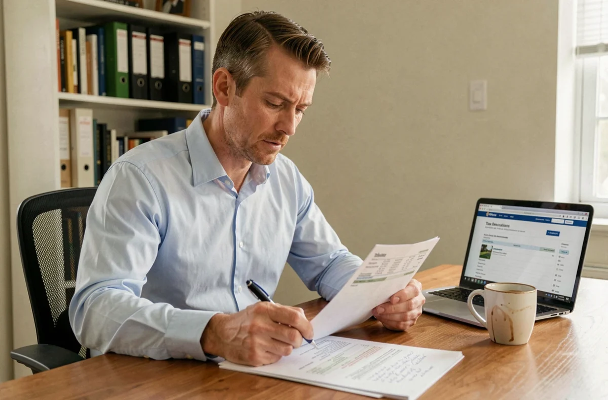 Un homme concentré vérifie ses fiches de paie et déclare ses heures supplémentaires sur sa déclaration fiscale à domicile