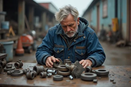 Homme d age examine des pieces de metal recyclé