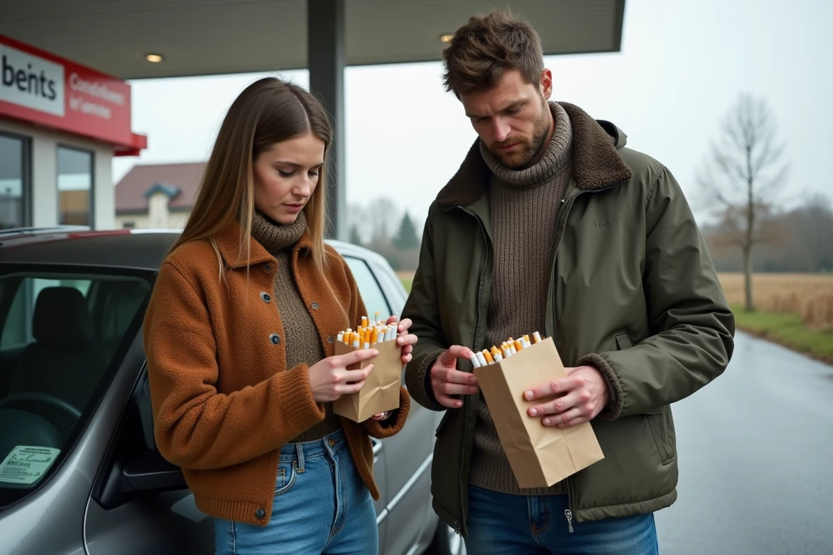 Deux adultes vérifiant leurs cigarettes à la station-service