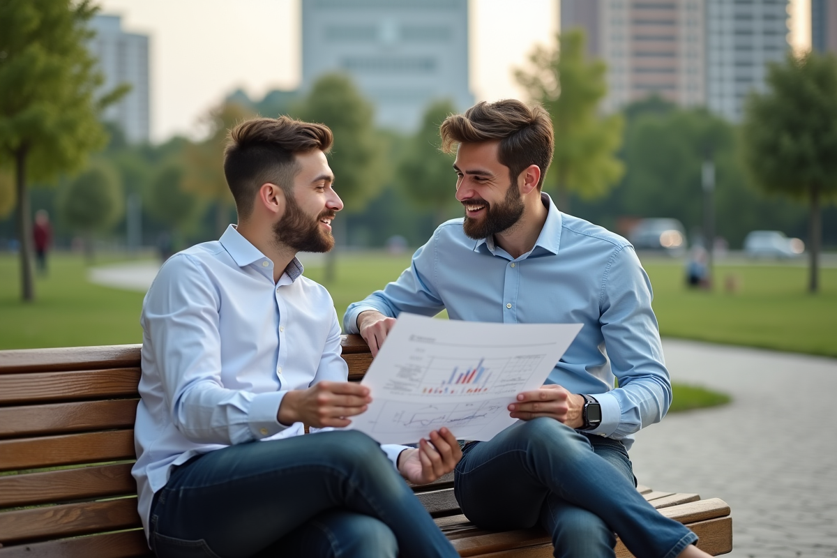 Deux jeunes hommes discutant sur un banc dans un parc