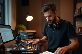 DJ auto-entrepreneur consultant ses documents administratifs et financiers dans son home studio équipé d'un contrôleur professionnel
