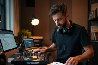 DJ auto-entrepreneur consultant ses documents administratifs et financiers dans son home studio équipé d'un contrôleur professionnel