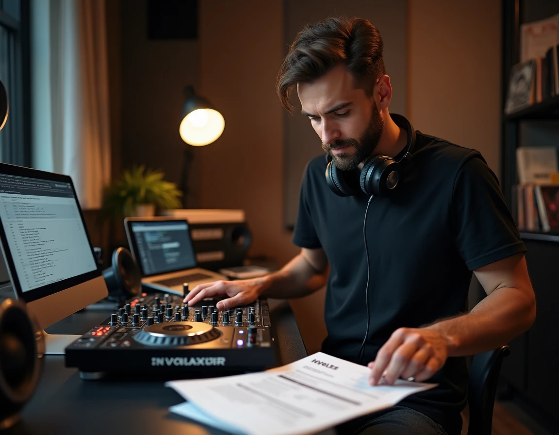 DJ auto-entrepreneur consultant ses documents administratifs et financiers dans son home studio équipé d'un contrôleur professionnel