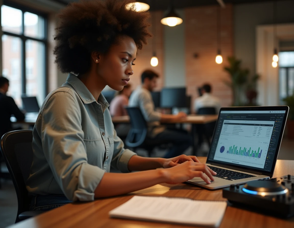 DJ freelance féminine gérant sa comptabilité auto-entrepreneur sur ordinateur portable dans un espace de coworking moderne