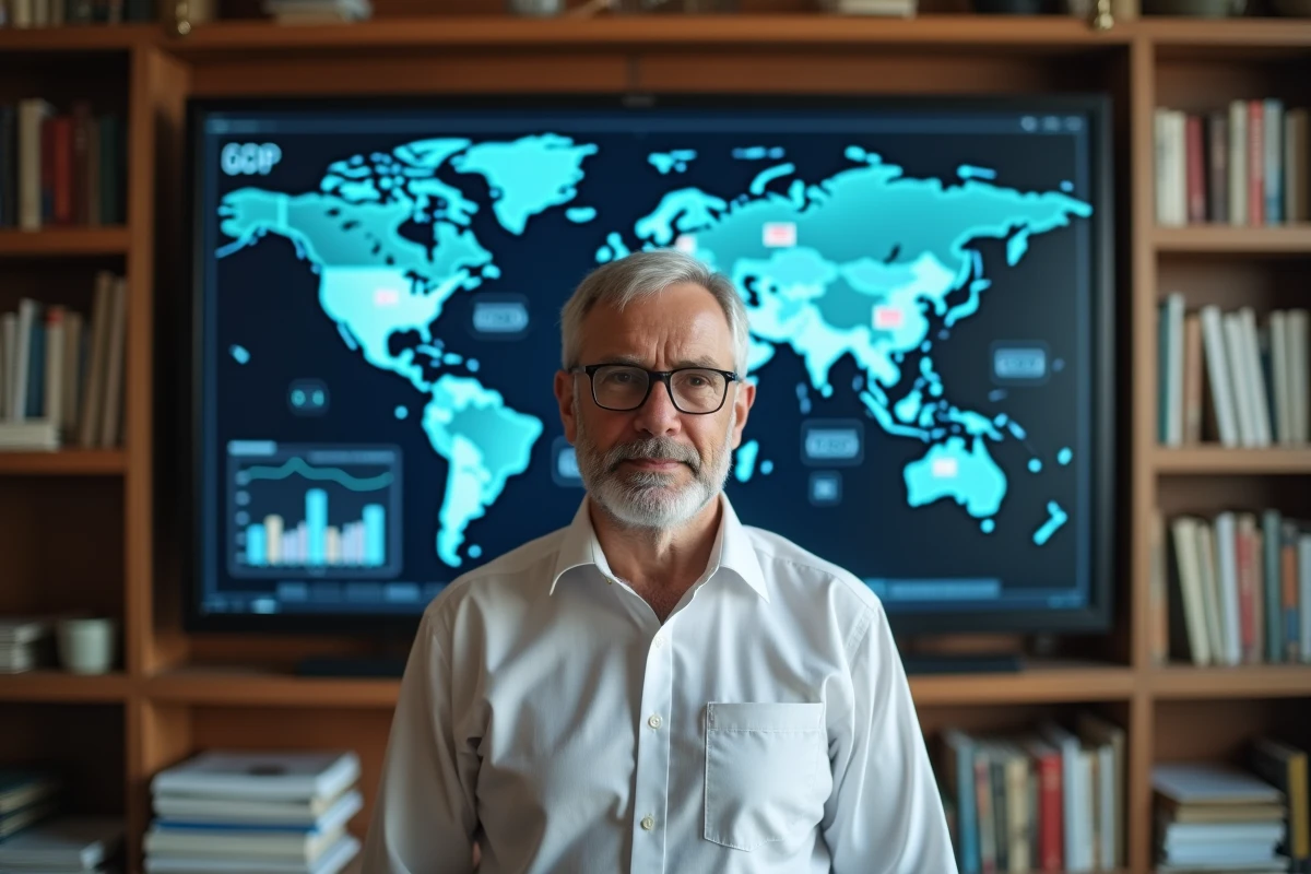 Économiste devant une carte mondiale interactive affichant les données de PIB et les flux commerciaux des grandes puissances économiques mondiales