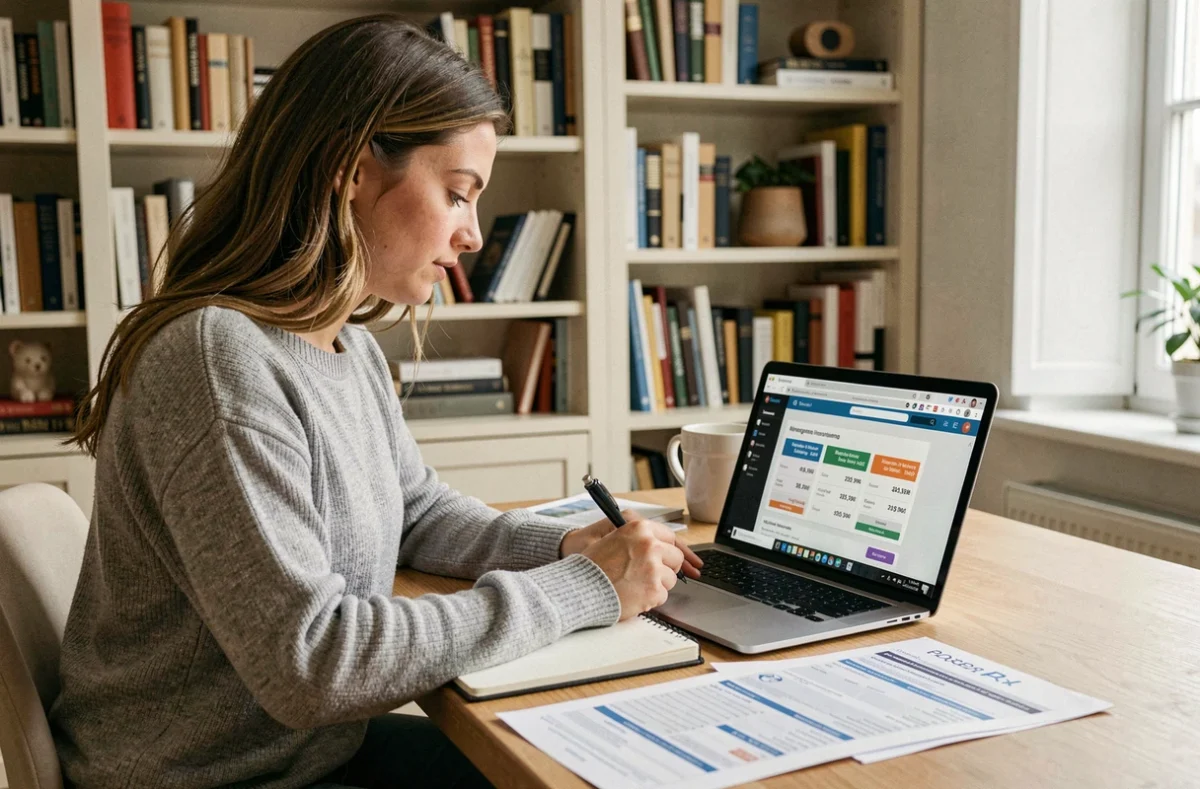 Une jeune femme utilisant le comparateur Empruntis pour comparer des offres d'assurance emprunteur en ligne