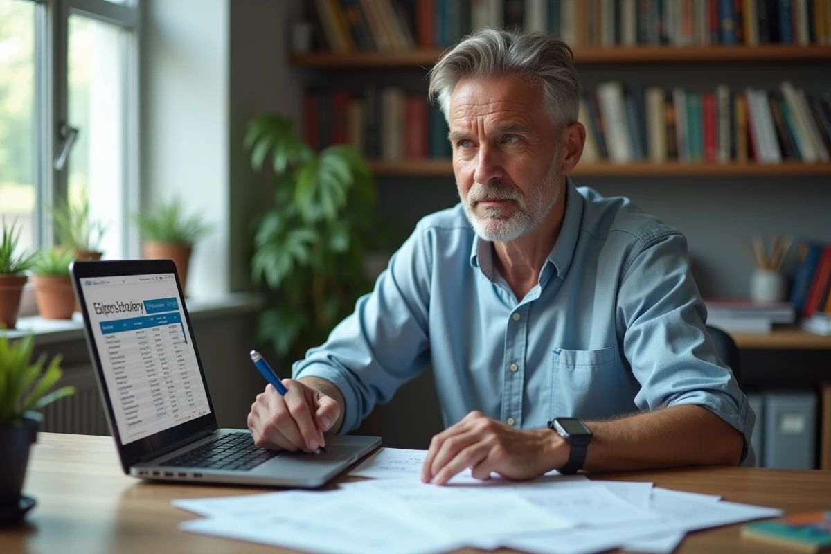Enseignant à mi-temps consultant un simulateur de salaire sur ordinateur avec fiches de paie