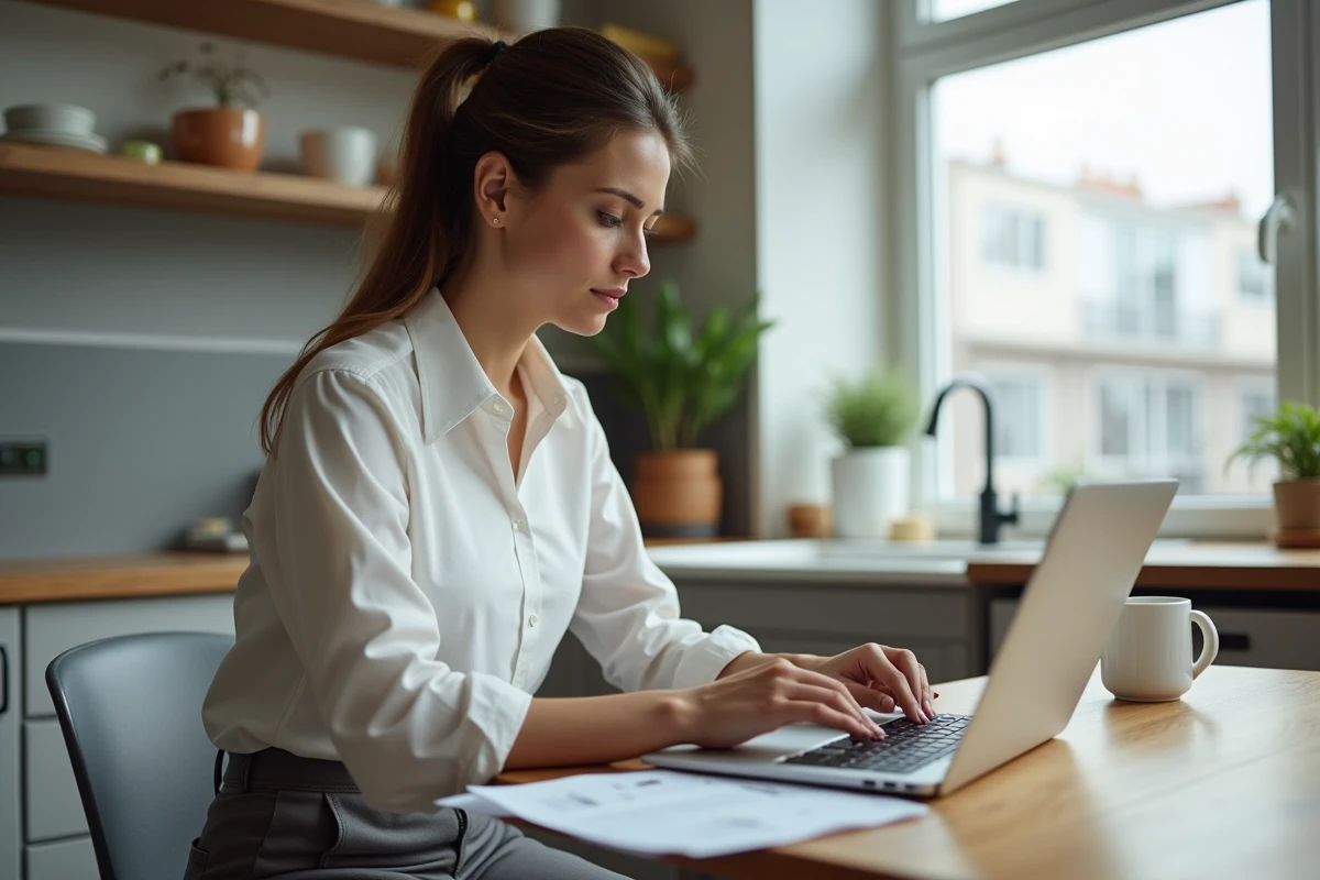 Femme consultant son épargne salariale en ligne depuis son domicile avec un ordinateur portable et des relevés bancaires