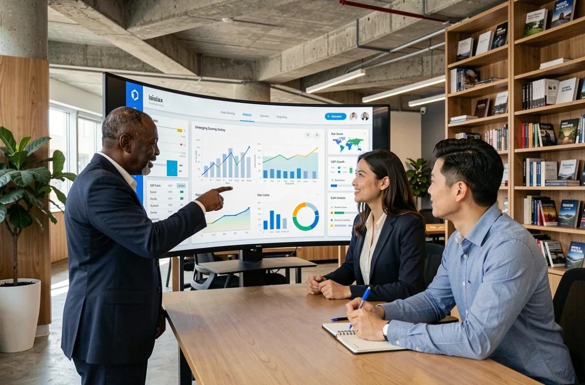 Équipe de professionnels en finance discutant d'un tableau de bord des économies émergentes pour guider leur stratégie d'investissement