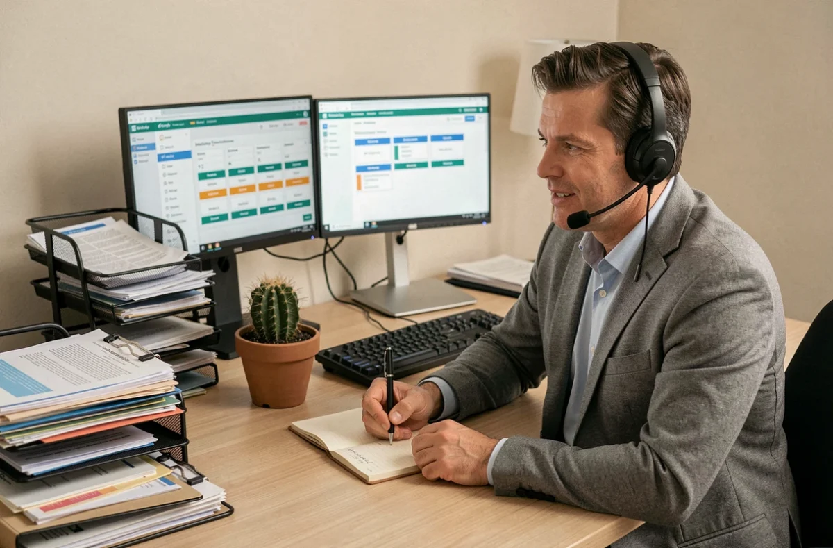 Éric Appelgren, courtier indépendant EIRL, au travail dans son bureau personnel avec casque professionnel et logiciel de comparaison d'assurance