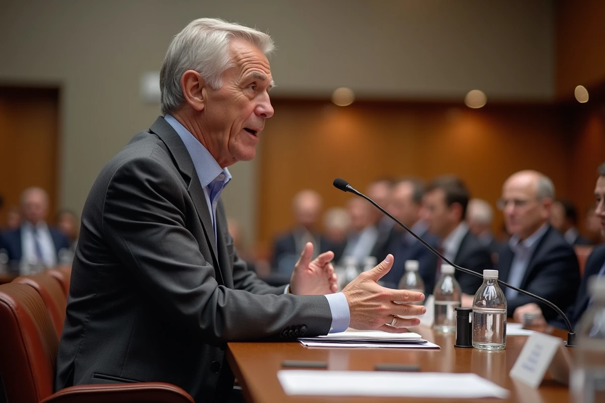 Expert économique prenant la parole lors d'une conférence économique prestigieuse devant un public attentif